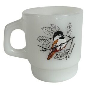 Vintage Fire-King Oven Ware Milk Glass Bird Mug Baltimore Oriole Chickadee